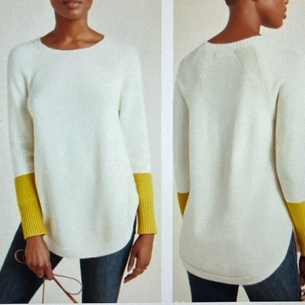 Anthropologie‎ Rebekah Tunic Sweater Round Hem Cream w/ Mustard Sleeves Size LP